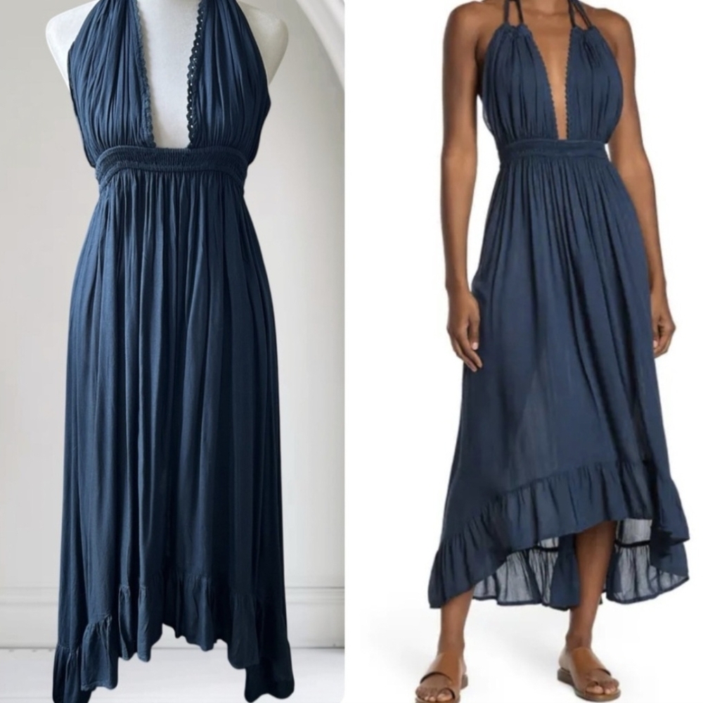 Raviva Boho Chic Indigo Blue High-Low Maxi Backless Halter Swim Coverup